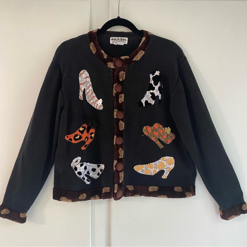 Vtg Jack B. Quick Shoe Cardigan Sweater Black Animal Print Sequins Whimsical L